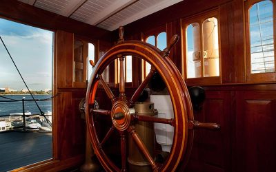 Closeup of the ships wheel at The Independence Seaport Museum